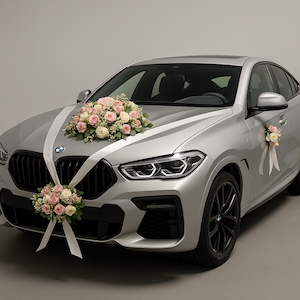 BMW X6 als Hochzeitsauto geschmückt mit pinken Blumen und Schleife